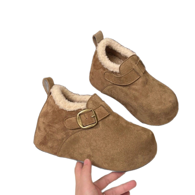 Γυναικείες χειμερινές μπότες με φαρδιά σόλα, επένδυση από συνθετική γούνα, χαμηλός άξονας, κρυφό ύψος αύξησης 3–5 cm, κούμπωμα με αγκράφα