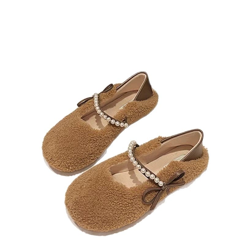 Pantofi pentru femei Bean Shoes din lână de oaie, căptușeală PU, vârf rotund, toc mic 1–3 cm, închidere cu o cataramă, talpă din cauciuc