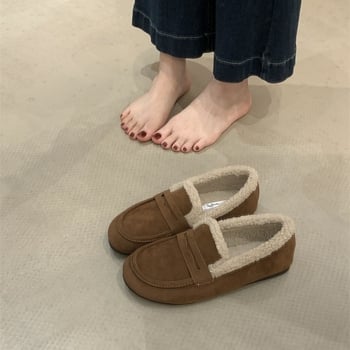 Γυναικείοι ρετρό βαμβακεροί loafers με επένδυση από συνθετικό κοντό βελούδινο, στρογγυλή μύτη, μεσαίο άνοιγμα, χειμερινό μοντέλο
