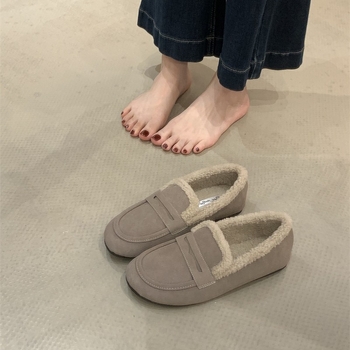 Γυναικείοι ρετρό βαμβακεροί loafers με επένδυση από συνθετικό κοντό βελούδινο, στρογγυλή μύτη, μεσαίο άνοιγμα, χειμερινό μοντέλο