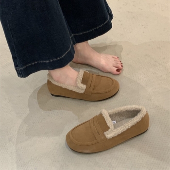 Γυναικείοι ρετρό βαμβακεροί loafers με επένδυση από συνθετικό κοντό βελούδινο, στρογγυλή μύτη, μεσαίο άνοιγμα, χειμερινό μοντέλο