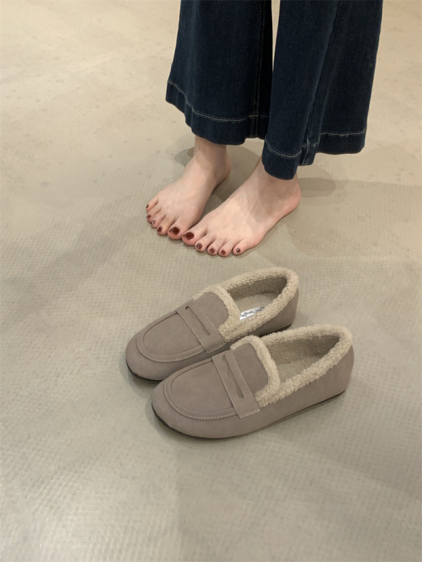 Γυναικείοι ρετρό βαμβακεροί loafers με επένδυση από συνθετικό κοντό βελούδινο, στρογγυλή μύτη, μεσαίο άνοιγμα, χειμερινό μοντέλο