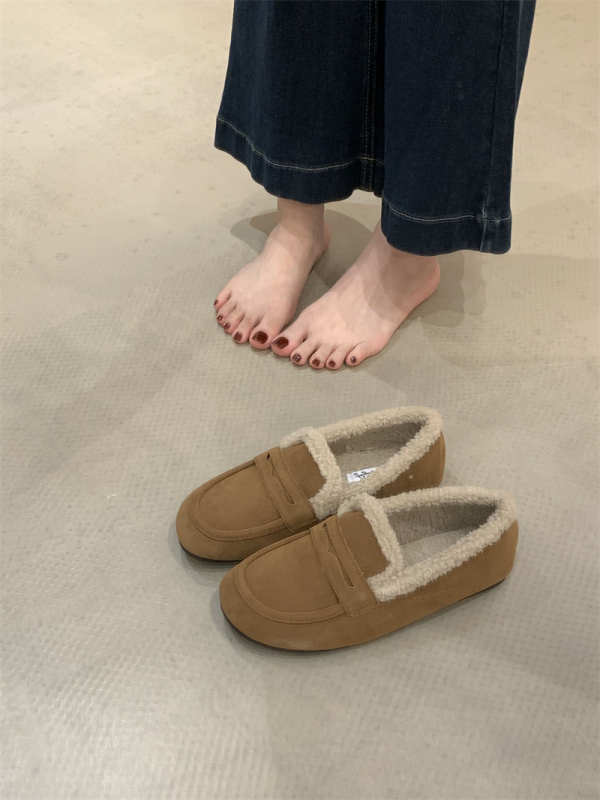 Γυναικείοι ρετρό βαμβακεροί loafers με επένδυση από συνθετικό κοντό βελούδινο, στρογγυλή μύτη, μεσαίο άνοιγμα, χειμερινό μοντέλο