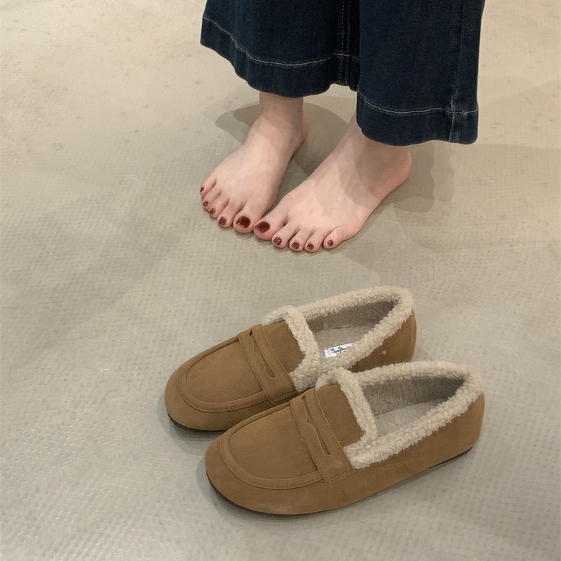 Γυναικείοι ρετρό βαμβακεροί loafers με επένδυση από συνθετικό κοντό βελούδινο, στρογγυλή μύτη, μεσαίο άνοιγμα, χειμερινό μοντέλο
