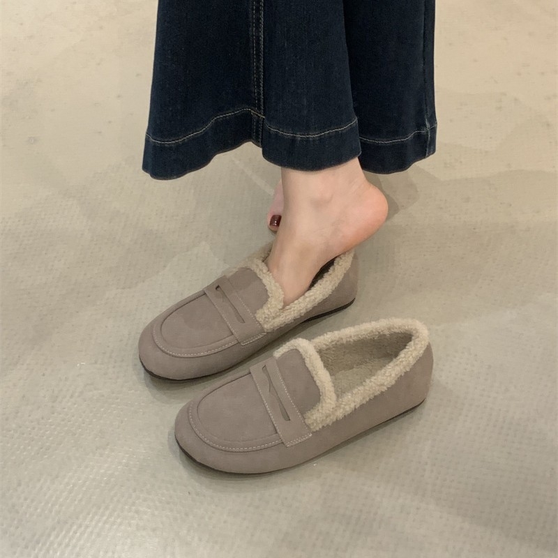 Γυναικείοι ρετρό βαμβακεροί loafers με επένδυση από συνθετικό κοντό βελούδινο, στρογγυλή μύτη, μεσαίο άνοιγμα, χειμερινό μοντέλο