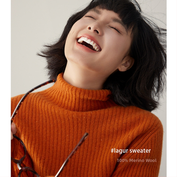 Ženský bezšvový vlnený sveter - 95%+ vlna, priliehavý strih, vysoký golier, raglánové dlhé rukávy