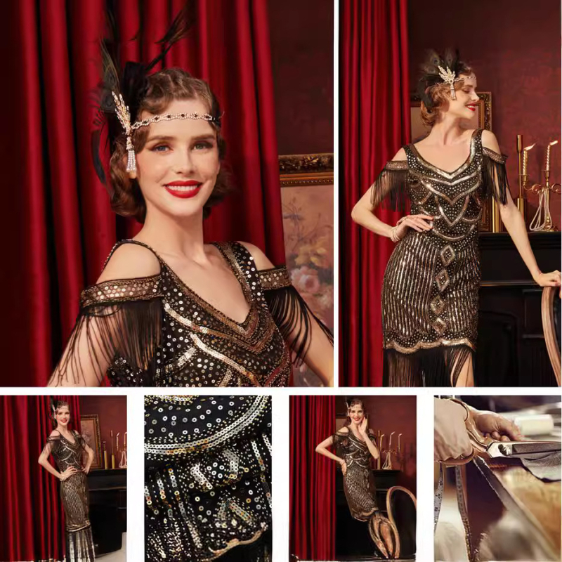 Večerné šaty Gatsby-inšpirované, s korálkami a flitrami s strapcami (80-90% polyester, hlboký výstrih do V, bez rukávov, krátka sukňa)