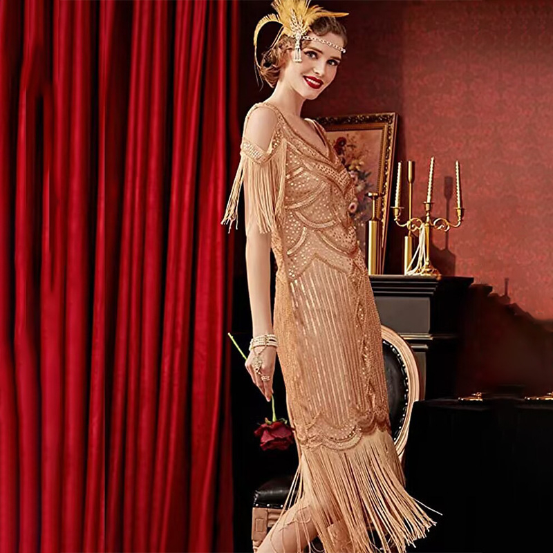 Večerné šaty Gatsby-inšpirované, s korálkami a flitrami s strapcami (80-90% polyester, hlboký výstrih do V, bez rukávov, krátka sukňa)