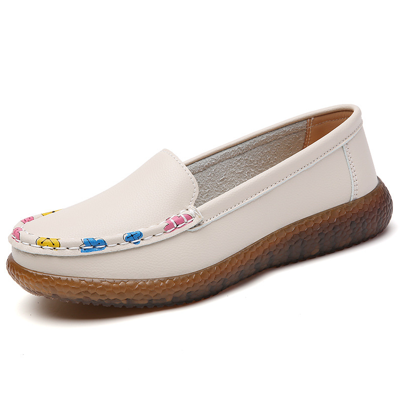 Loafers dama cu imprimeu floral – vârf rotund, partea superioară din piele de vițel în două straturi, toc mic 1–3 cm, talpă PVC