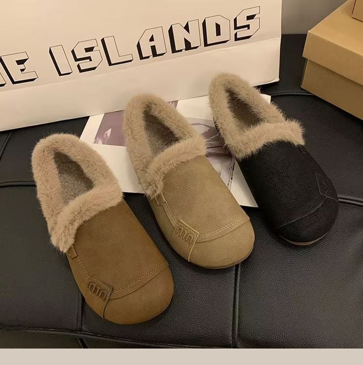 Zimné dámske loafers s velúrovým zvrškom, vložka z umelej krátkej plyše, Slip-On, nízky horný diel, gumová podrážka