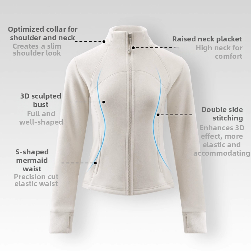 Dvojstranný velúr s stojacim golierom a zipsom, stredná dĺžka, hrubý fleece, dámsky