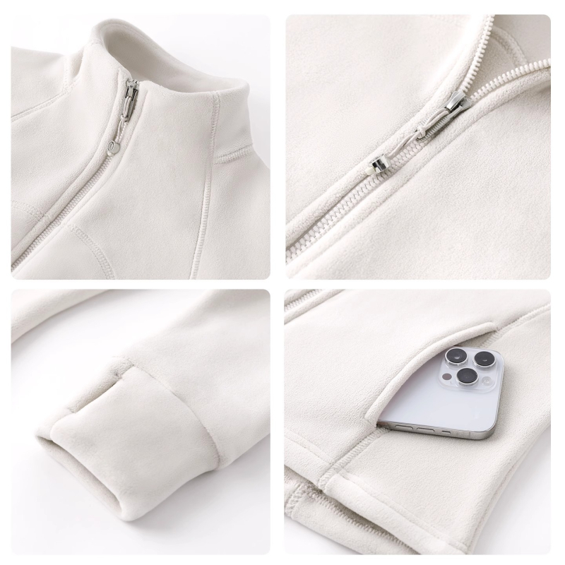 Dvojstranný velúr s stojacim golierom a zipsom, stredná dĺžka, hrubý fleece, dámsky