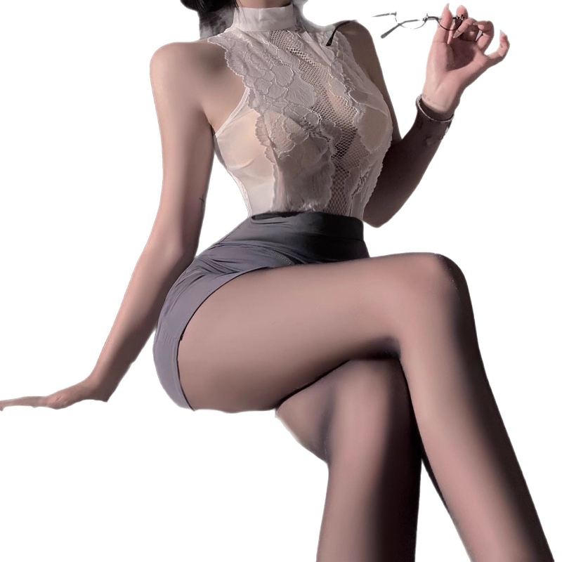 Sada nočnej bielizne s čipkou, priehľadný štýl sekretárky, 80-90% polyester