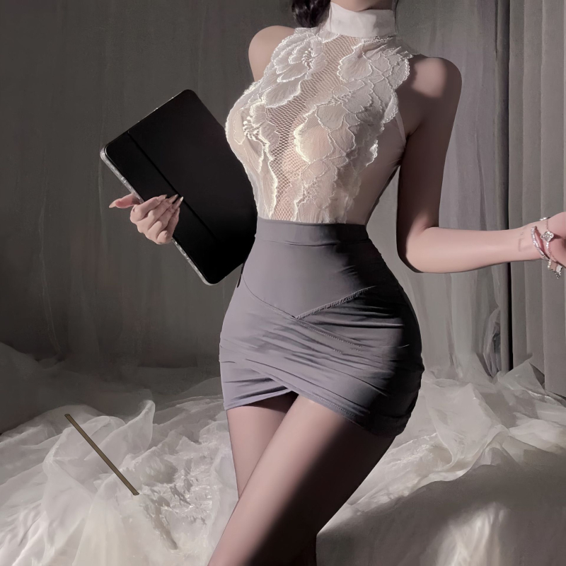 Sada nočnej bielizne s čipkou, priehľadný štýl sekretárky, 80-90% polyester