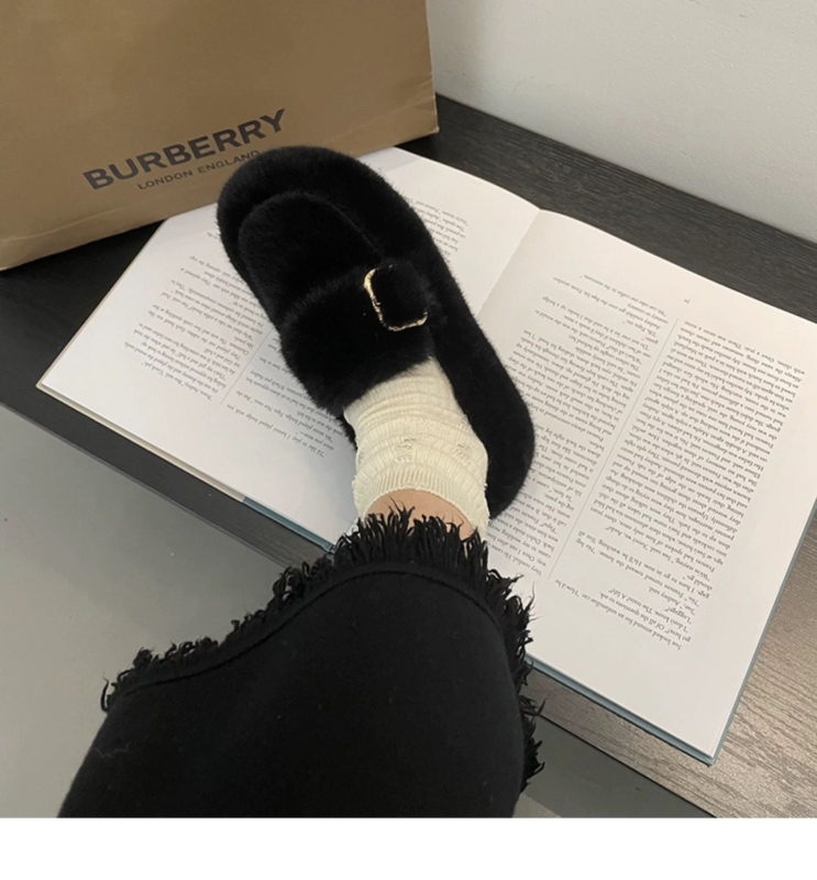 Γυναικείες γούνινες slip-on παντόφλες για τον χειμώνα, επένδυση shearling, παχιά σόλα καουτσούκ, PU επάνω μέρος