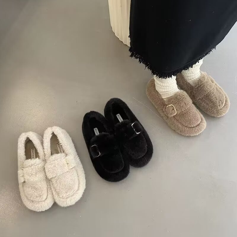 Γυναικείες γούνινες slip-on παντόφλες για τον χειμώνα, επένδυση shearling, παχιά σόλα καουτσούκ, PU επάνω μέρος