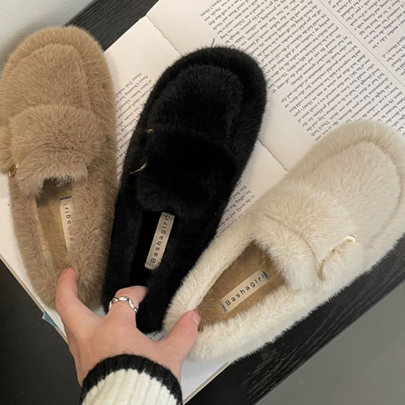 Γυναικείες γούνινες slip-on παντόφλες για τον χειμώνα, επένδυση shearling, παχιά σόλα καουτσούκ, PU επάνω μέρος