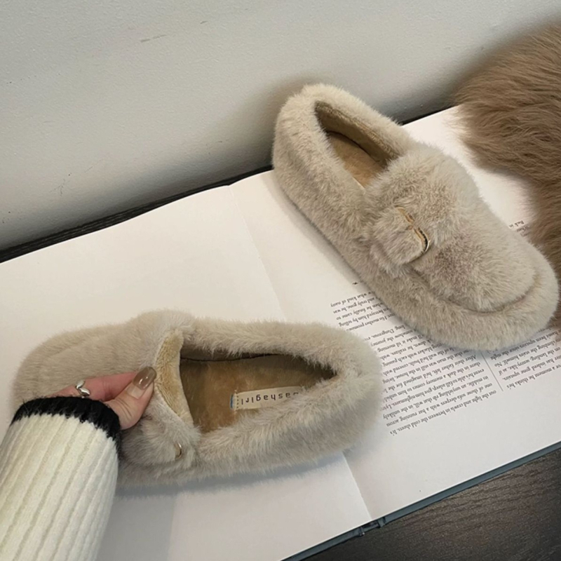 Γυναικείες γούνινες slip-on παντόφλες για τον χειμώνα, επένδυση shearling, παχιά σόλα καουτσούκ, PU επάνω μέρος