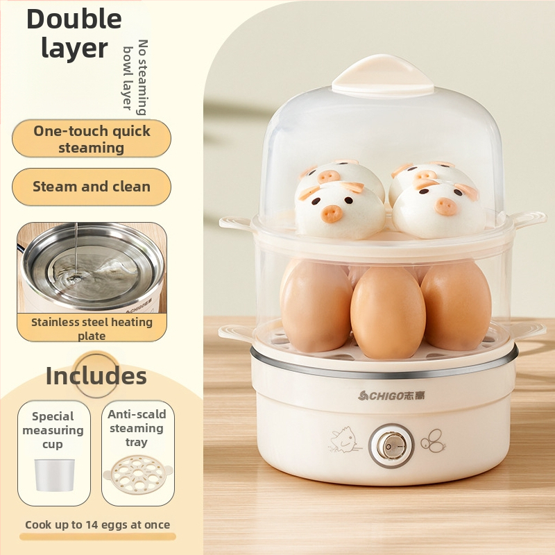 Chigo vajíčkovač so dvojitým parným roštom, automatické vypnutie, 350W, 220V – uvarené vajcia, parené cestoviny a vajový krém