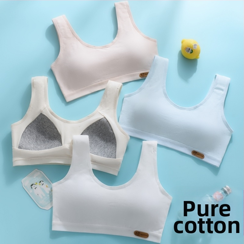 Detská bavlnená podprsenka pre dievčatá 12–15 rokov, s plnými miskami, tenko tvarovanými miskami, bez kovových výstuží, pevné dvojité ramienka, 95–100% bavlna
