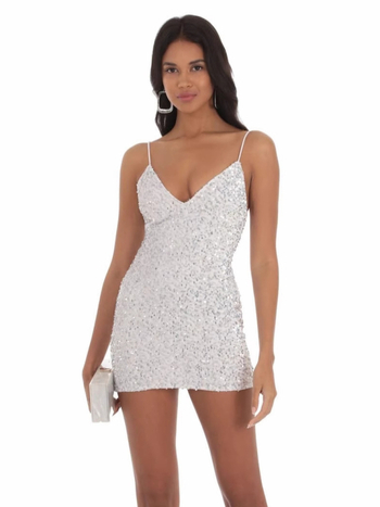 Rochie tip sling, decolteu în V, fără mâneci, scurtă, paiete, din poliester/spandex