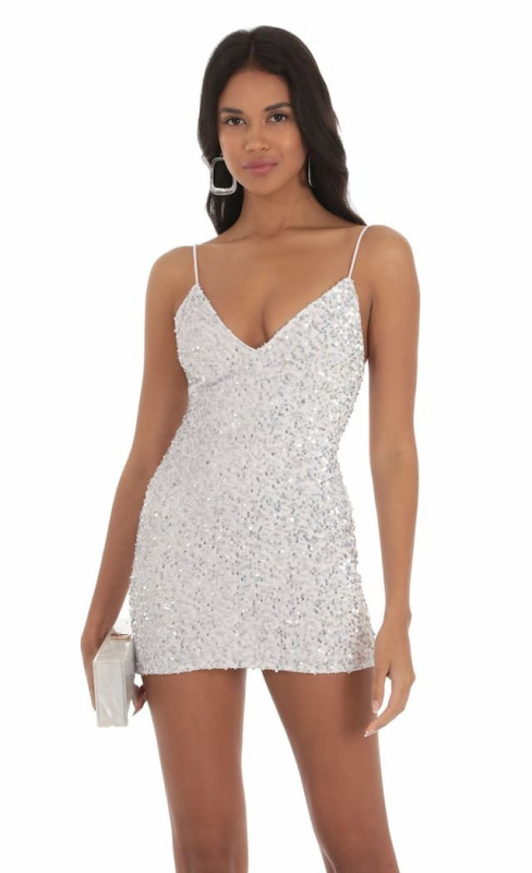 Rochie tip sling, decolteu în V, fără mâneci, scurtă, paiete, din poliester/spandex