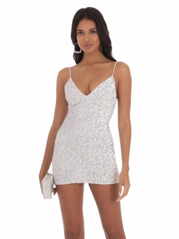 Rochie tip sling, decolteu în V, fără mâneci, scurtă, paiete, din poliester/spandex