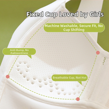  Sutien sport fără cusături pentru adolescente, al doilea stadiu de dezvoltare, stil maieu, cupă completă, material spandex, căptușeală din nailon 90–95%, bretele fixe duble, respirabil și absorbant de transpirație