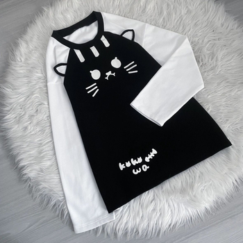 Tricou pentru femei cu imprimeu pisică și motiv anime, croială lejeră, mâneci lungi, guler rotund, lungime medie, material poliester-cotton-spandex