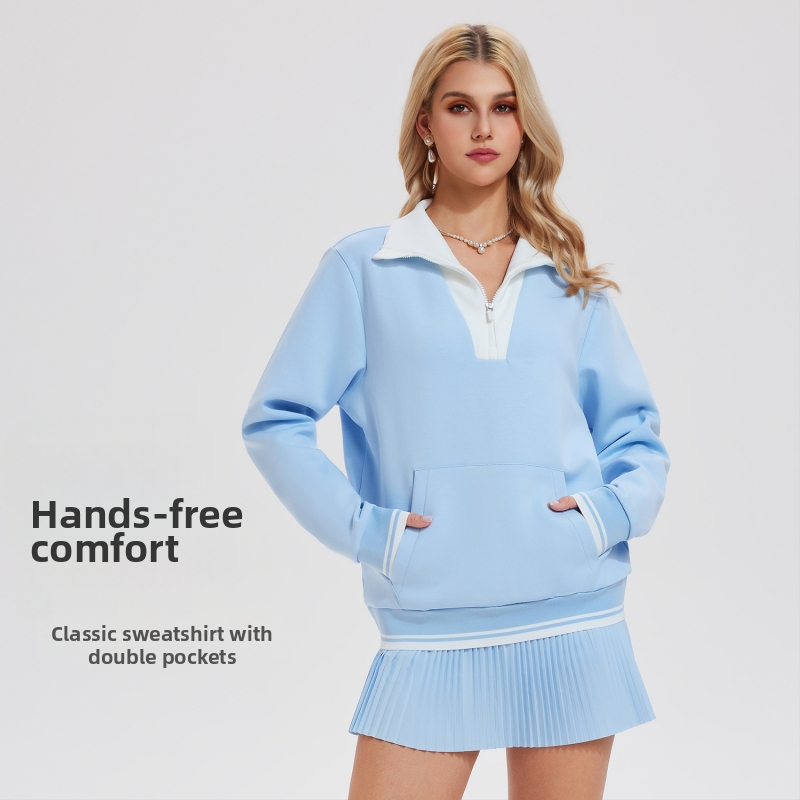 Naiste vintage tennis hoodie stand-up krae ja poole zip'iga, pikkade varrukatega; Kangas: Space Cotton; Kangas koostis: Puuvill; Vooder: Space Cotton; Vooder koostis: Puuvill