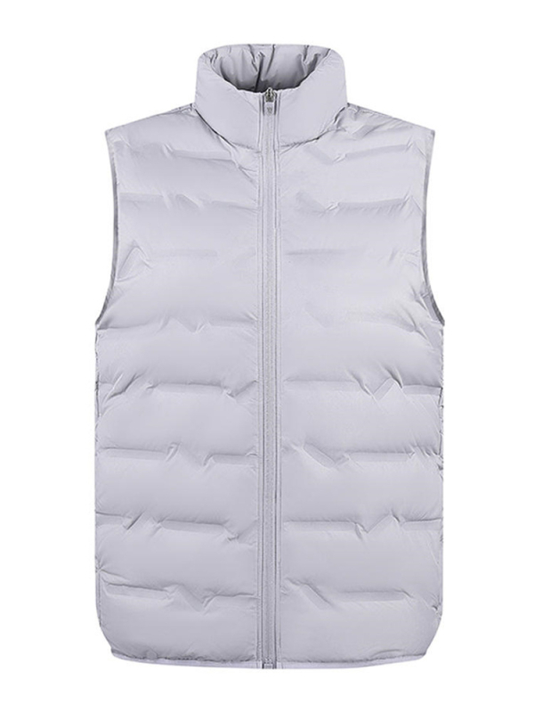 Unisex zimná ľahká vesta s stojacim golom, voľný strih, výplň kačacím perím 81–85%, vrecká na zips, polyesterová tkanina