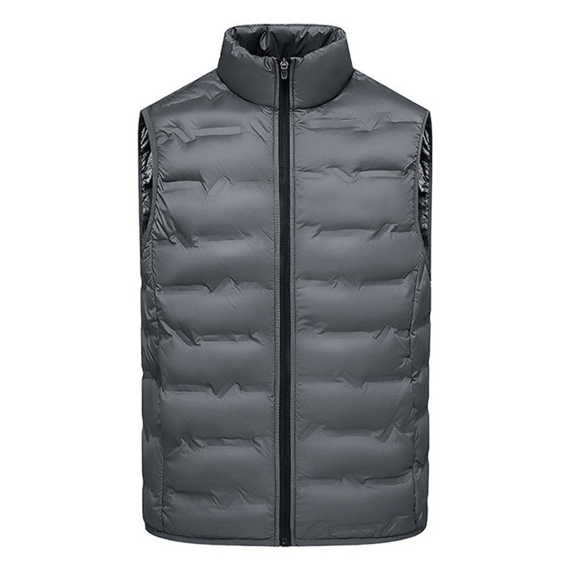 Unisex zimná ľahká vesta s stojacim golom, voľný strih, výplň kačacím perím 81–85%, vrecká na zips, polyesterová tkanina