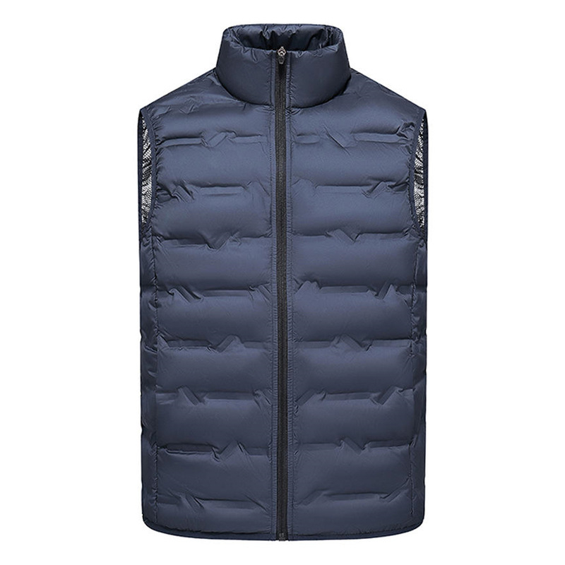 Unisex zimná ľahká vesta s stojacim golom, voľný strih, výplň kačacím perím 81–85%, vrecká na zips, polyesterová tkanina