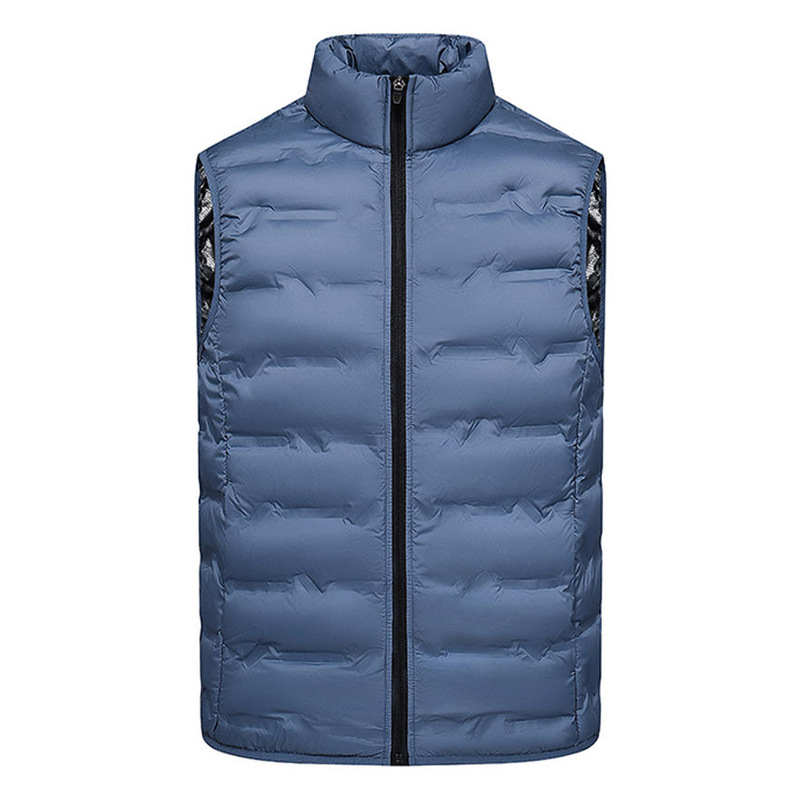 Unisex zimná ľahká vesta s stojacim golom, voľný strih, výplň kačacím perím 81–85%, vrecká na zips, polyesterová tkanina