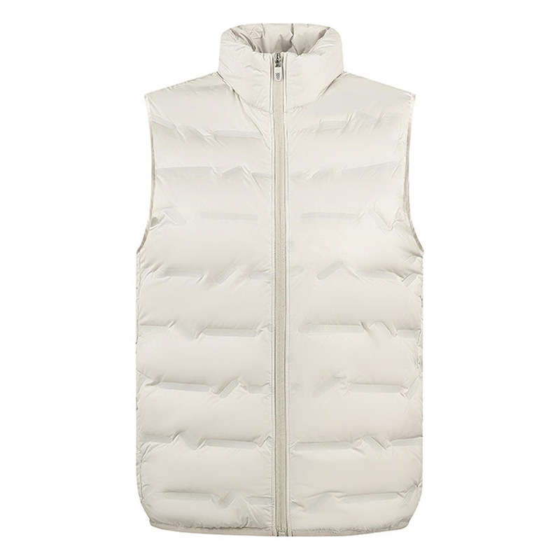 Unisex zimná ľahká vesta s stojacim golom, voľný strih, výplň kačacím perím 81–85%, vrecká na zips, polyesterová tkanina