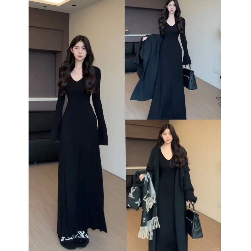 Korejski stil: duga pletena haljina s V izrezom, dugi rukavi, elastičan pojas, uska duga suknja koja prianja uz bokove