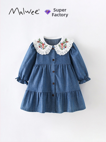 Detské šaty z bavlny s dlhým rukávom, princeznský strih, golier ako pri bábike, vzor karikatúry a kvety, pre vek 3–8 rokov, jeseň-zima