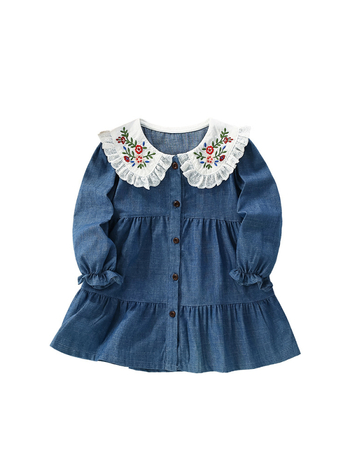 Detské šaty z bavlny s dlhým rukávom, princeznský strih, golier ako pri bábike, vzor karikatúry a kvety, pre vek 3–8 rokov, jeseň-zima