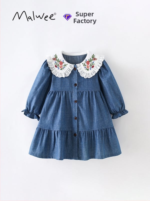 Detské šaty z bavlny s dlhým rukávom, princeznský strih, golier ako pri bábike, vzor karikatúry a kvety, pre vek 3–8 rokov, jeseň-zima