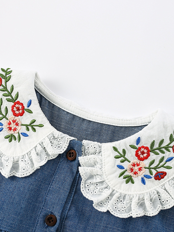 Detské šaty z bavlny s dlhým rukávom, princeznský strih, golier ako pri bábike, vzor karikatúry a kvety, pre vek 3–8 rokov, jeseň-zima