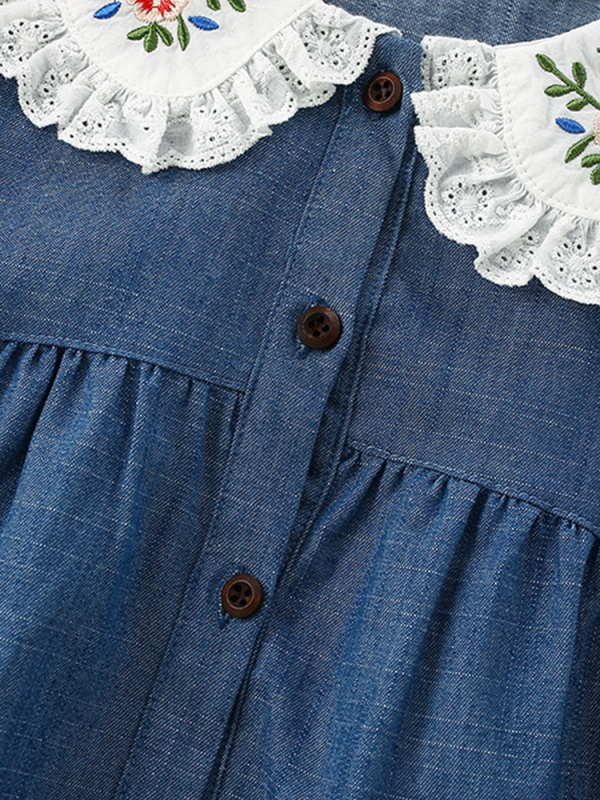 Detské šaty z bavlny s dlhým rukávom, princeznský strih, golier ako pri bábike, vzor karikatúry a kvety, pre vek 3–8 rokov, jeseň-zima