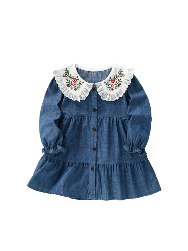 Detské šaty z bavlny s dlhým rukávom, princeznský strih, golier ako pri bábike, vzor karikatúry a kvety, pre vek 3–8 rokov, jeseň-zima