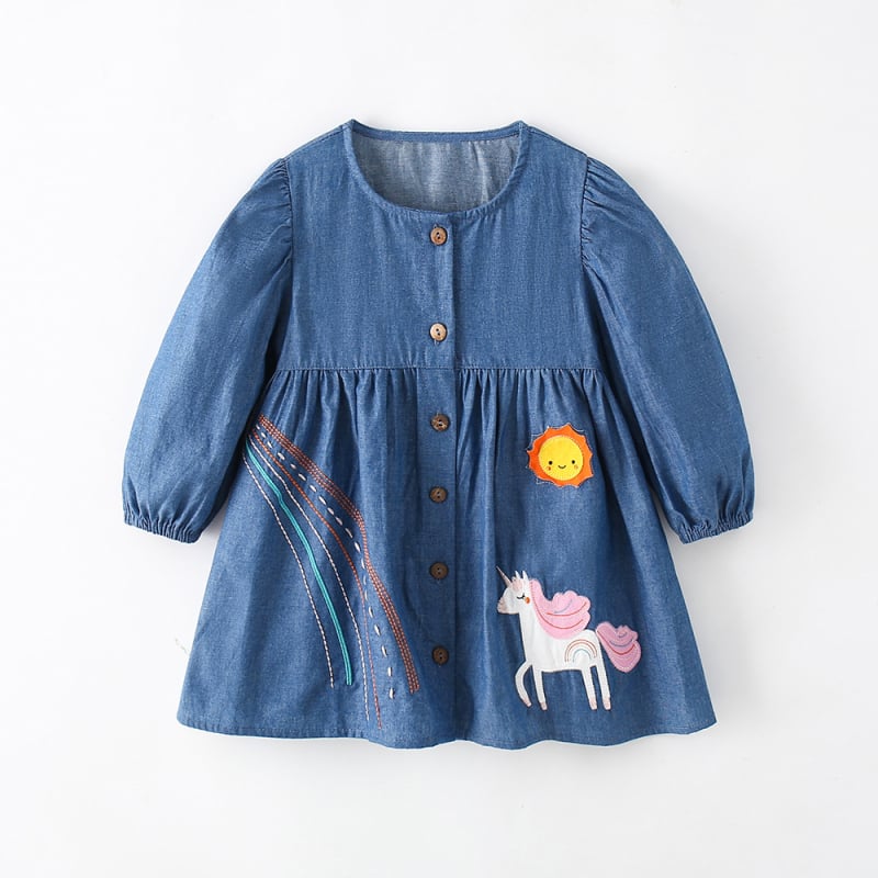 Detské šaty z bavlny s dlhým rukávom, princeznský strih, golier ako pri bábike, vzor karikatúry a kvety, pre vek 3–8 rokov, jeseň-zima