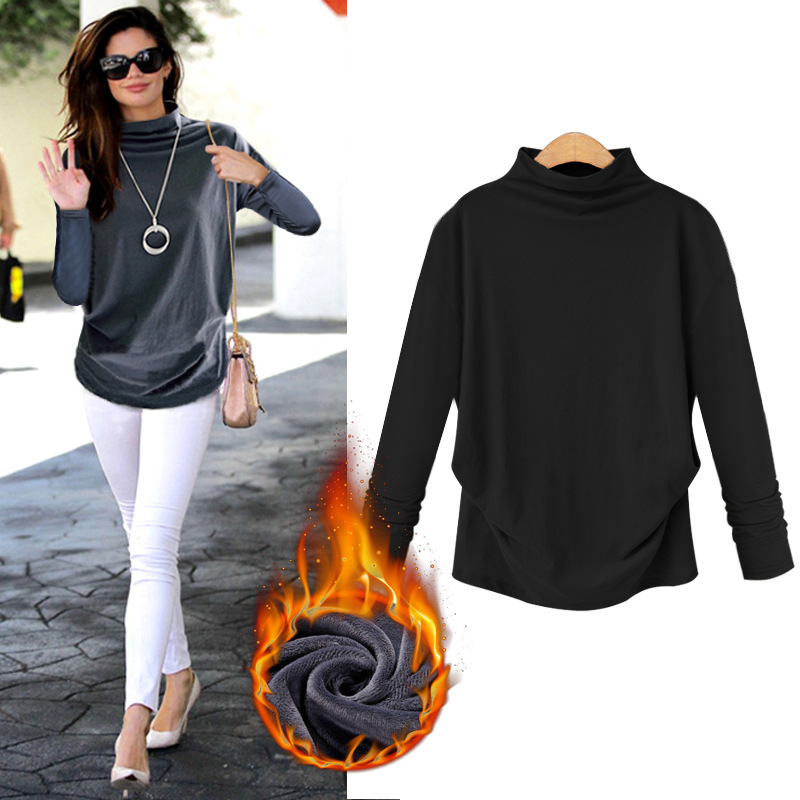 Oumowei pamukasta T-shirt, slobodan kroj, polugornji ovratnik (half-turtleneck), dugi rukavi, panelni dizajn, duljina 50–65 cm, jesen 2024