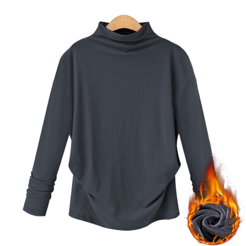 Oumowei pamukasta T-shirt, slobodan kroj, polugornji ovratnik (half-turtleneck), dugi rukavi, panelni dizajn, duljina 50–65 cm, jesen 2024