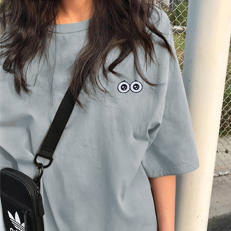 Γυναικεία κοντομάνικη μπλούζα, κορεατικού στυλ, φαρδιά γραμμή, πολυεστέρα-ελαστάνη, εκτύπωση