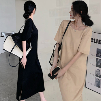 Ženska duga haljina A-stila, bez leđa, kratkih rukava, visok pojas, poliester, jednofarbna