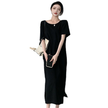 Ženska duga haljina A-stila, bez leđa, kratkih rukava, visok pojas, poliester, jednofarbna