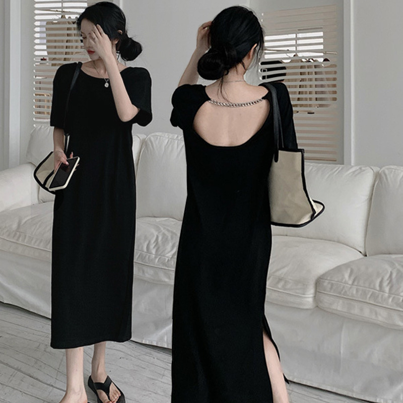 Ženska duga haljina A-stila, bez leđa, kratkih rukava, visok pojas, poliester, jednofarbna