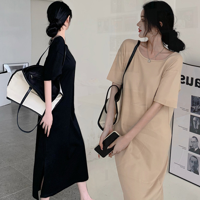 Ženska duga haljina A-stila, bez leđa, kratkih rukava, visok pojas, poliester, jednofarbna